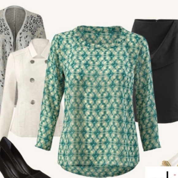 CAbi EUC Jade Green Print Top Spring Prick Blouse Medium #3069 Vacation Travel - Picture 2 of 9